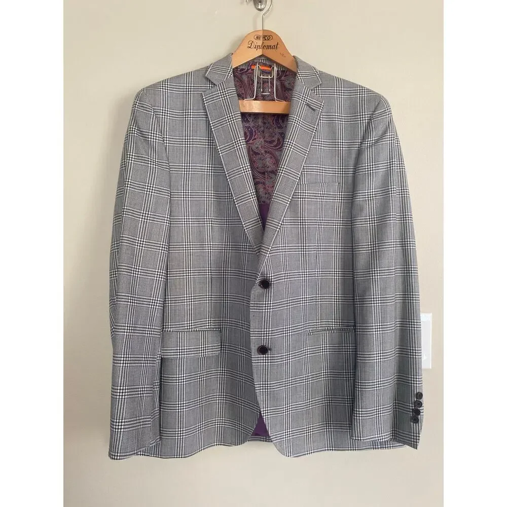 EUC Tallia Silk Wool Blazer Houndstooth Black White Purple Paisley Lined 44R